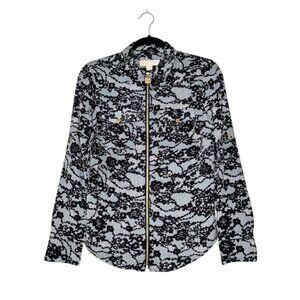 MICHAEL KORS 3/4 Roll Sleeve Floral Lace Pattern Zip Up Gold Detail Blouse XS